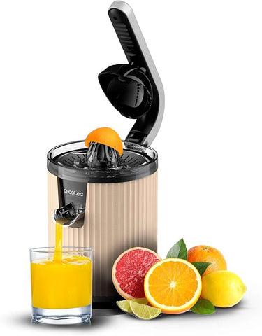 Cecotec Exprimidor Eléctrico de Brazo para Naranjas y Cítricos Xqueeze RetroJuice 600 Beige. 600W, Estilo Retro, Filtro de Acero Inoxidable, Cono de Plástico, Palanca para Extraer Pulpa, Antigoteo